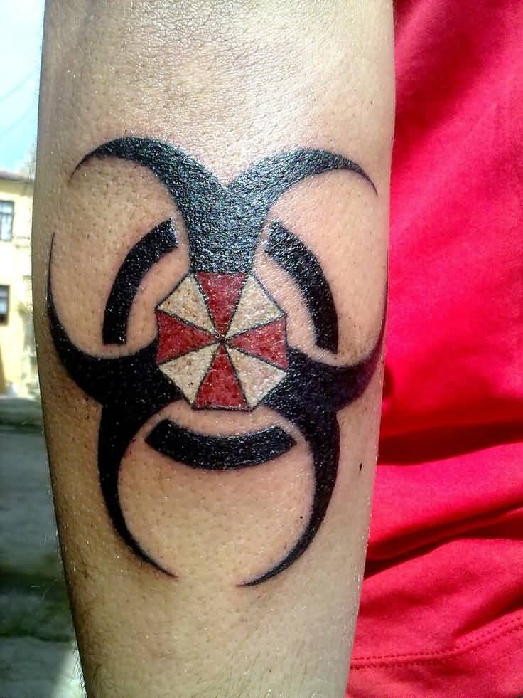 Umbrella Corp Tattoo On Right Arm