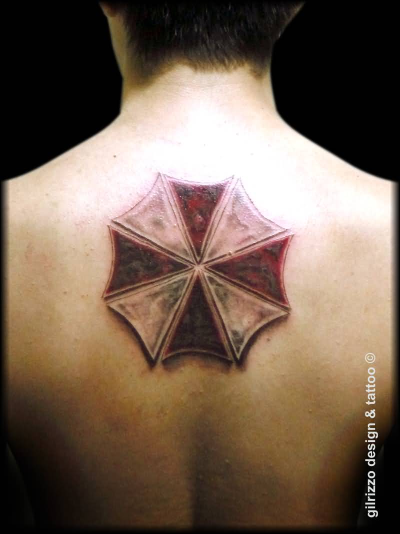 Umbrella Corp Tattoo On Upper Back by Gilrizzo