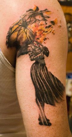 Watercolor Umbrella Girl Tattoo On Back Shoulder