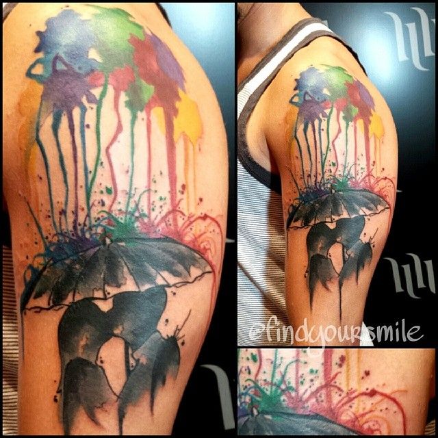 Watercolor Umbrella Girl Tattoo On Left Shoulder
