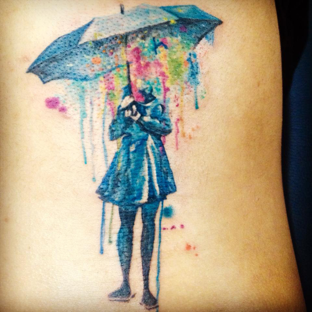 Watercolor Umbrella Girl Tattoo