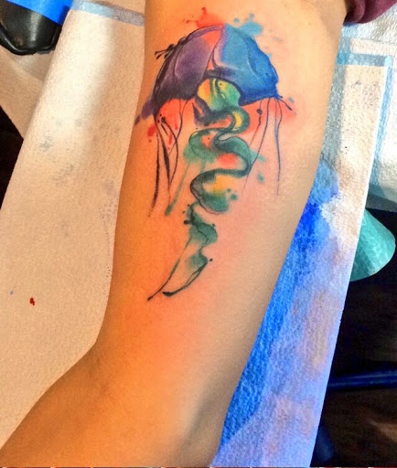 Watercolor Umbrella Tattoo On Full Sleeve