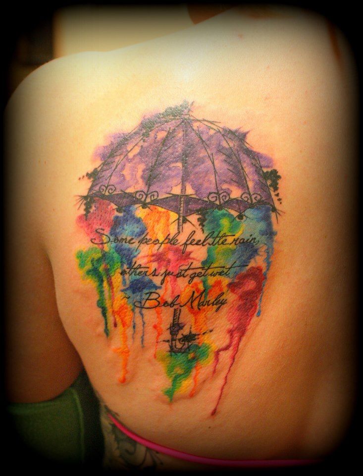 Watercolor Umbrella Tattoo On Left Back Shoulder