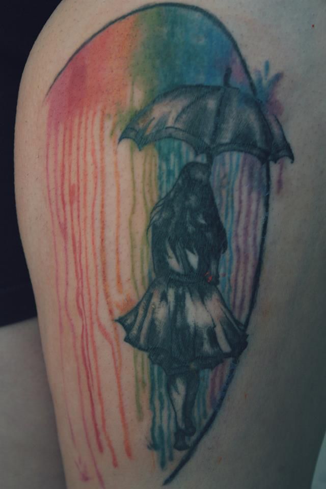 Watercolor Umbrella Tattoo On Thigh