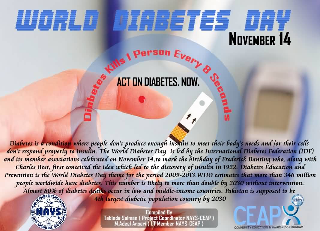 World Diabetes Day November 14 Diabetes Kills 1 Person Every 8 Seconds Act On Diabetes Now