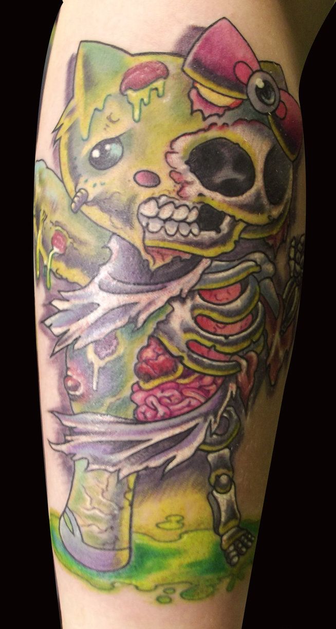 Zombie Hello Kitty Tattoo On Leg Sleeve