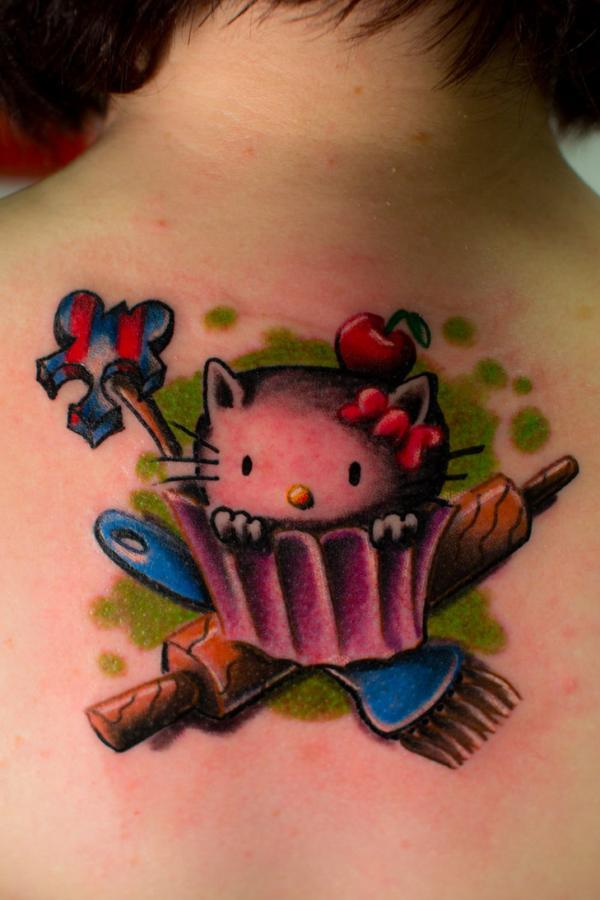 Zombie Hello Kitty Tattoo On Upper Back