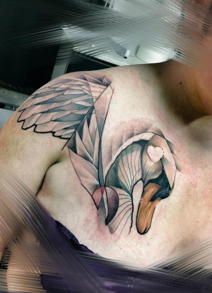 Abstract Duck Tattoo On Front Shoulder