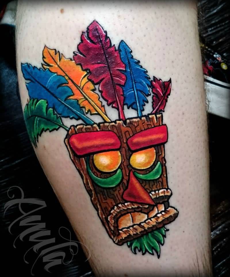 Aku Aku Crash Bandicoot Mask Tattoo On Leg