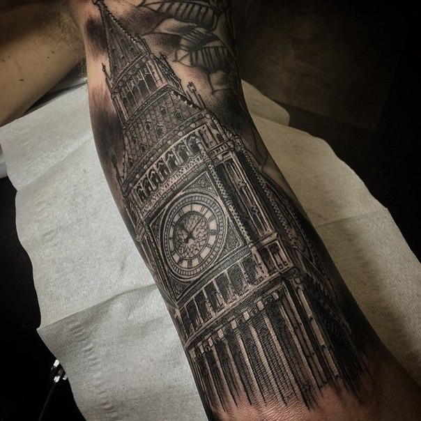 Amazing Big Ben Tattoo On Man Left Sleeve