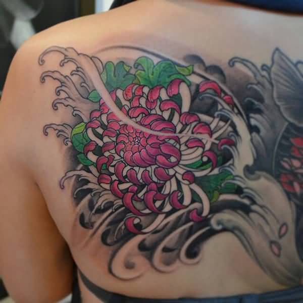 Amazing Chrysanthemum Tattoo On Girl Upper Back
