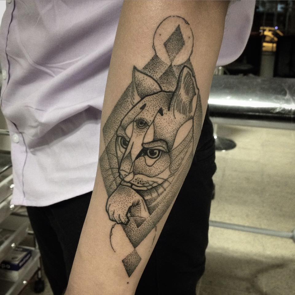 Amazing Dotwork Cat Tattoo On Left Sleeve by Daniel Rozo