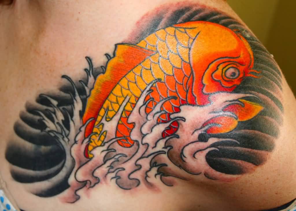 Amazing Dragon Fish Tattoo On Front Shoulder