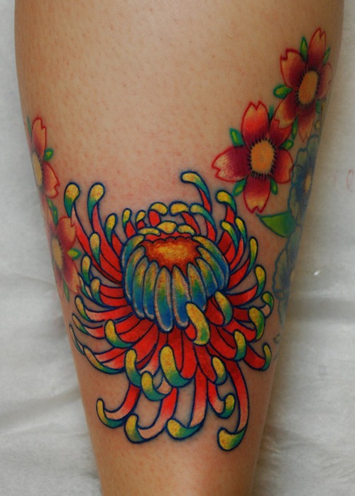 Amazing Flower And Chrysanthemum Tattoo On Leg