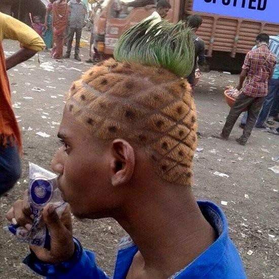 Amazing Pineapple Hairstyle Tattoo On Guy Head