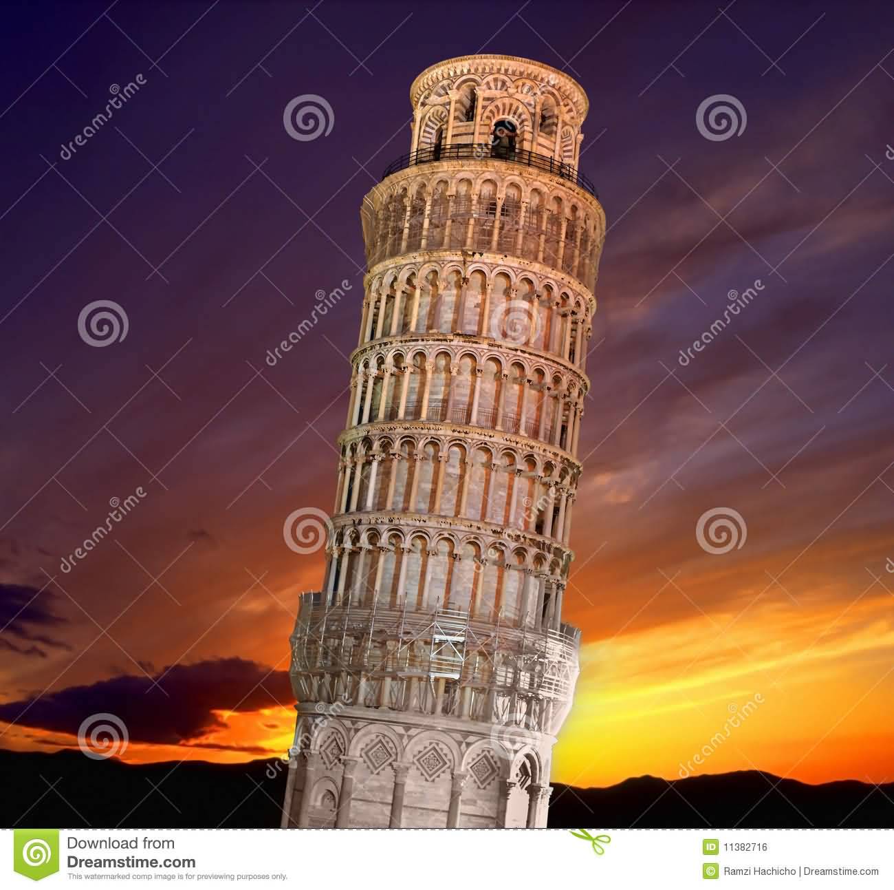 Amazing Sunset View Of The Leaning Tower Of Pisa, Italy