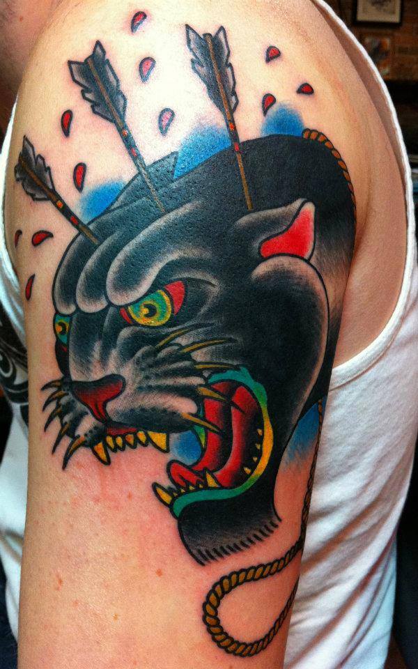 Arrow Pierced in Panther Head Tattoo On Lef Shoulder by Northen Ink Xposure