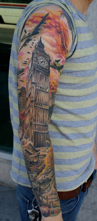 Awesome Colored Big Ben London Tower Tattoo On Full Sleeve