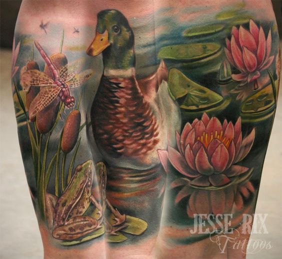 Awesome Colored Lotus Flowers And Duck Tattoo
