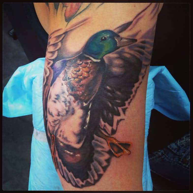 Awesome Flying Duck Tattoo For Men