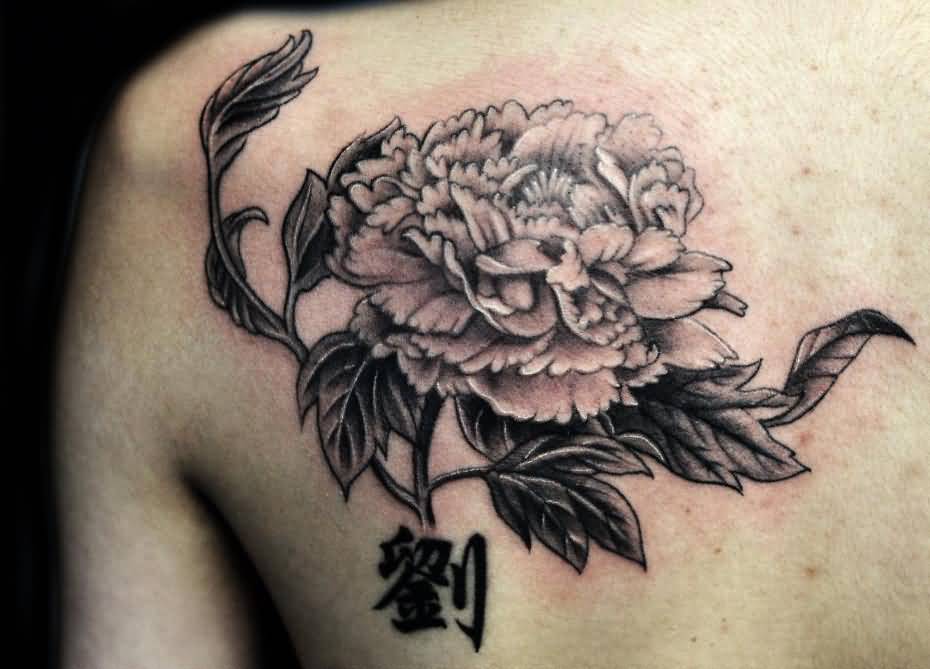 Back Shoulder Grey Ink Chrysanthemum Tattoo