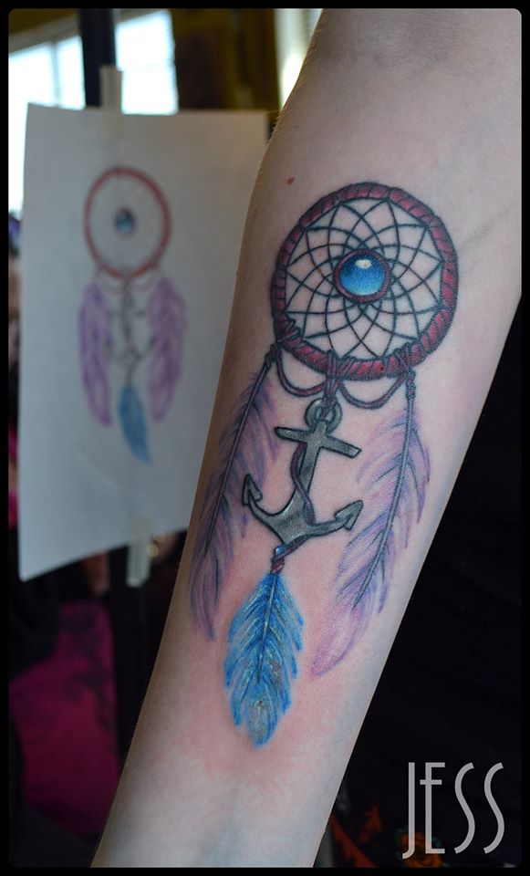 Beautiful Anchor Dreamcatcher Tattoo On Right Forearm by Jess Dunfield
