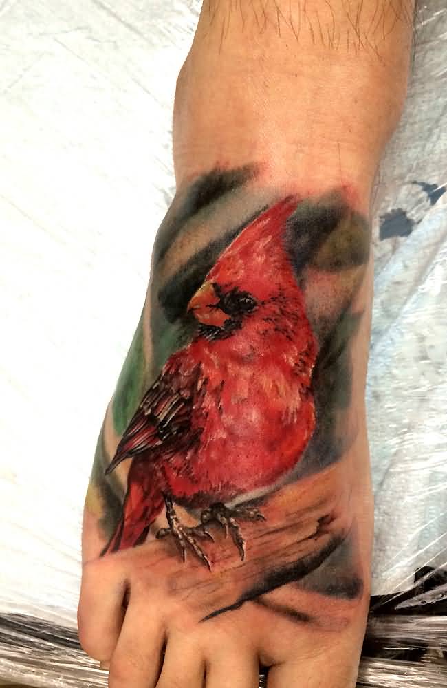 Beautiful Cardinal Tattoo On Right Foot