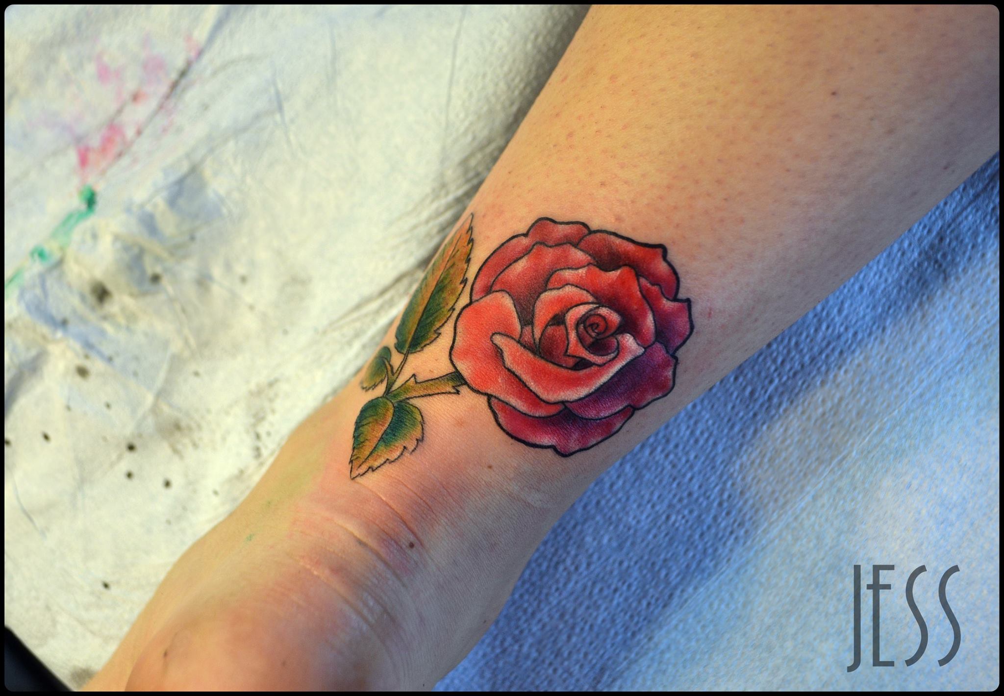 Beautiful Rose Tattoo On Leg by Jess Dunfield.