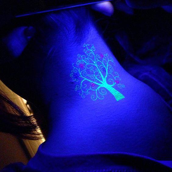 Beautiful Tree Black Light Tattoo On Nape