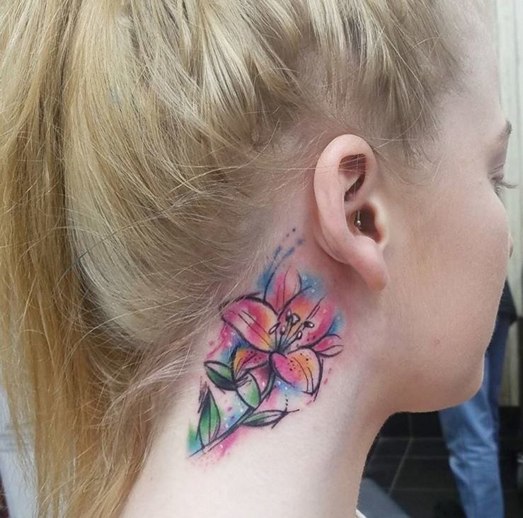 Beautiful Watercolor Lily Tattoo On Side Neck