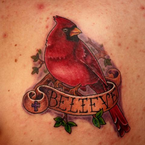 Believe Banner And Red Cardinal Tattoo