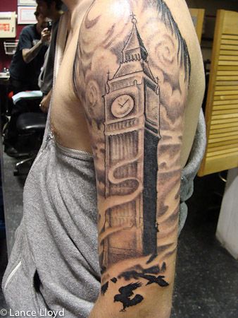 Big Ben London Clock Tattoo On Half Sleeve