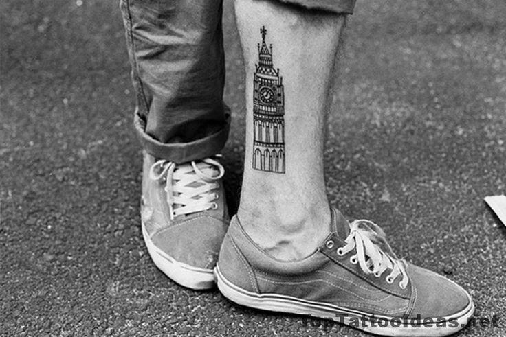 Big Ben London Tattoo On Left Leg For Guys