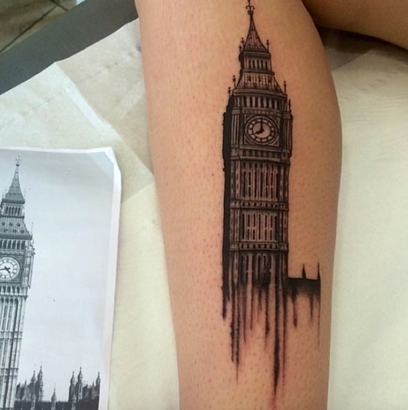 Big Ben London Tower Tattoo On Leg