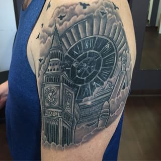 Big Ben Tattoo On Left Shoulder by EvocativeInk