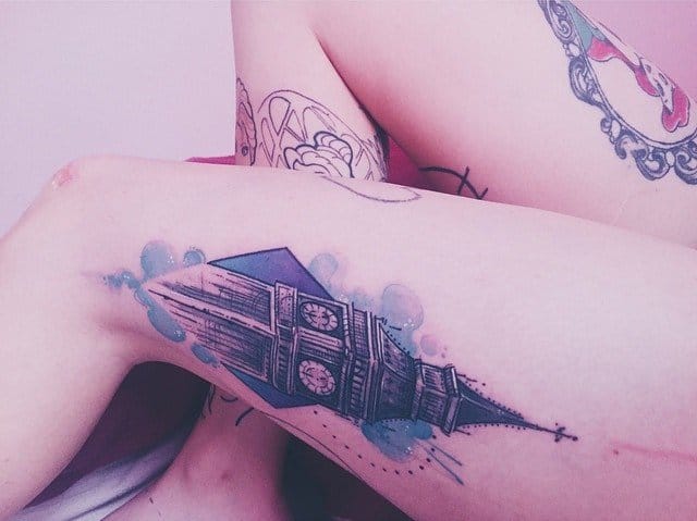 Big Ben Tattoo On Left Thigh by Tania Catclaw