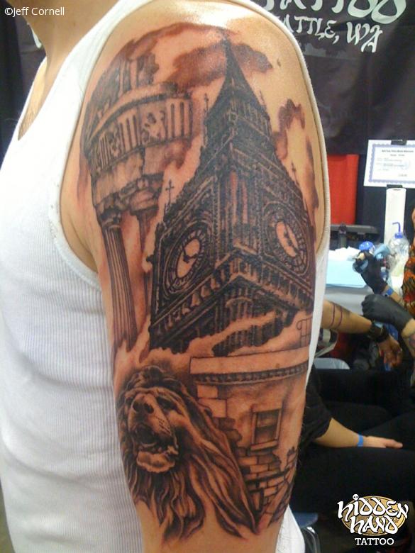 Big Ben Tattoo On Man Shoulder