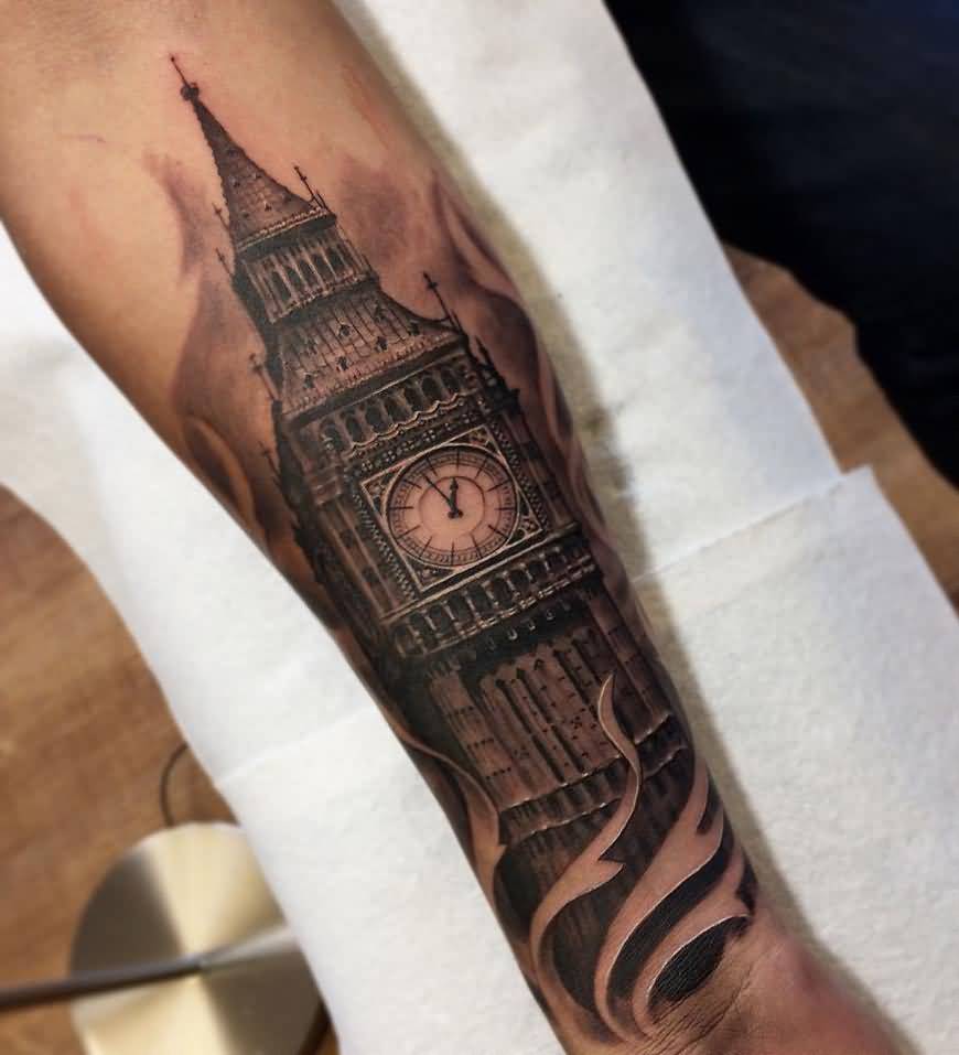 Big Ben Tattoo On Right Forearm