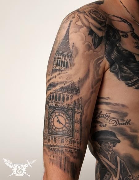 Big Ben Tattoo On Right Half Sleeve by Russ Abbott