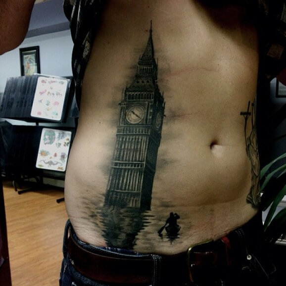 Big Ben Tower Tattoo On Side Rib