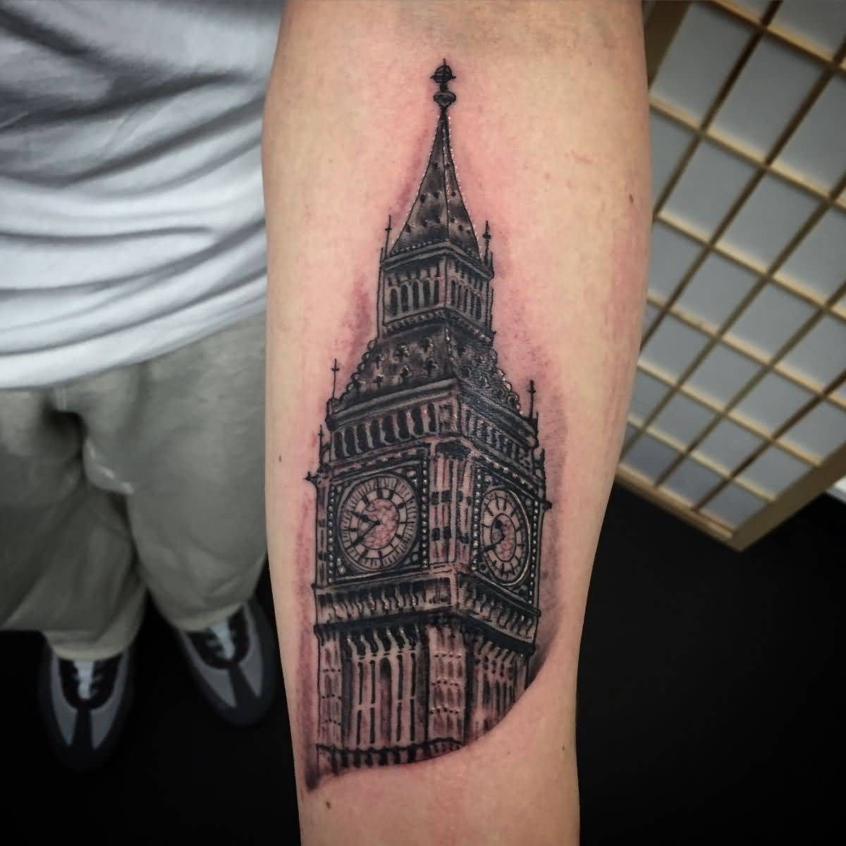 Black And Grey Big Ben Tattoo On Left Forearm