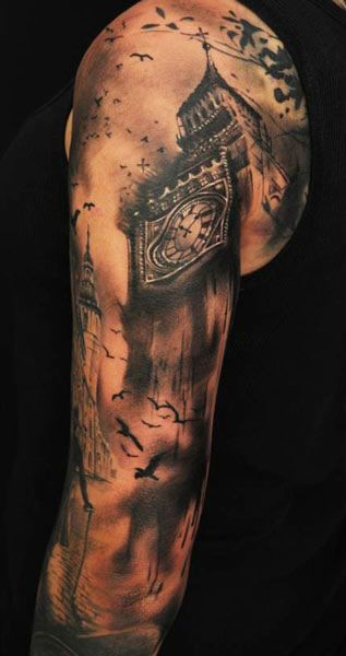 Black And Grey Big Ben Tattoo On Left Half Sleeve