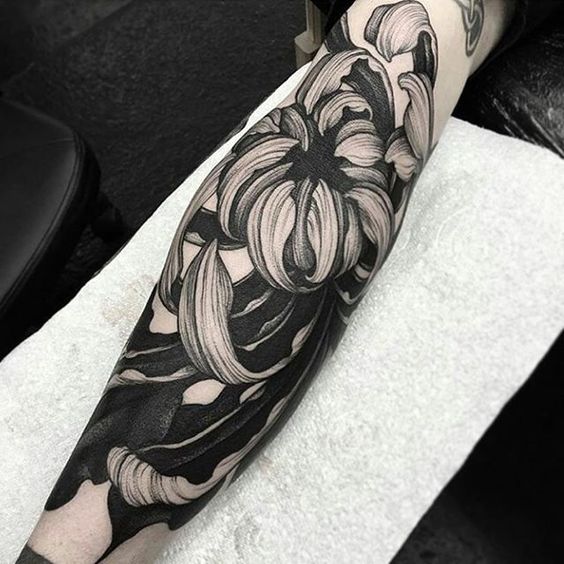 Black And Grey Chrysanthemum Tattoo On Sleeve