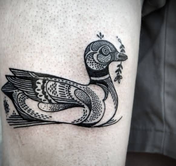 Black And Grey Duck Tattoo On Bicep by David Hale
