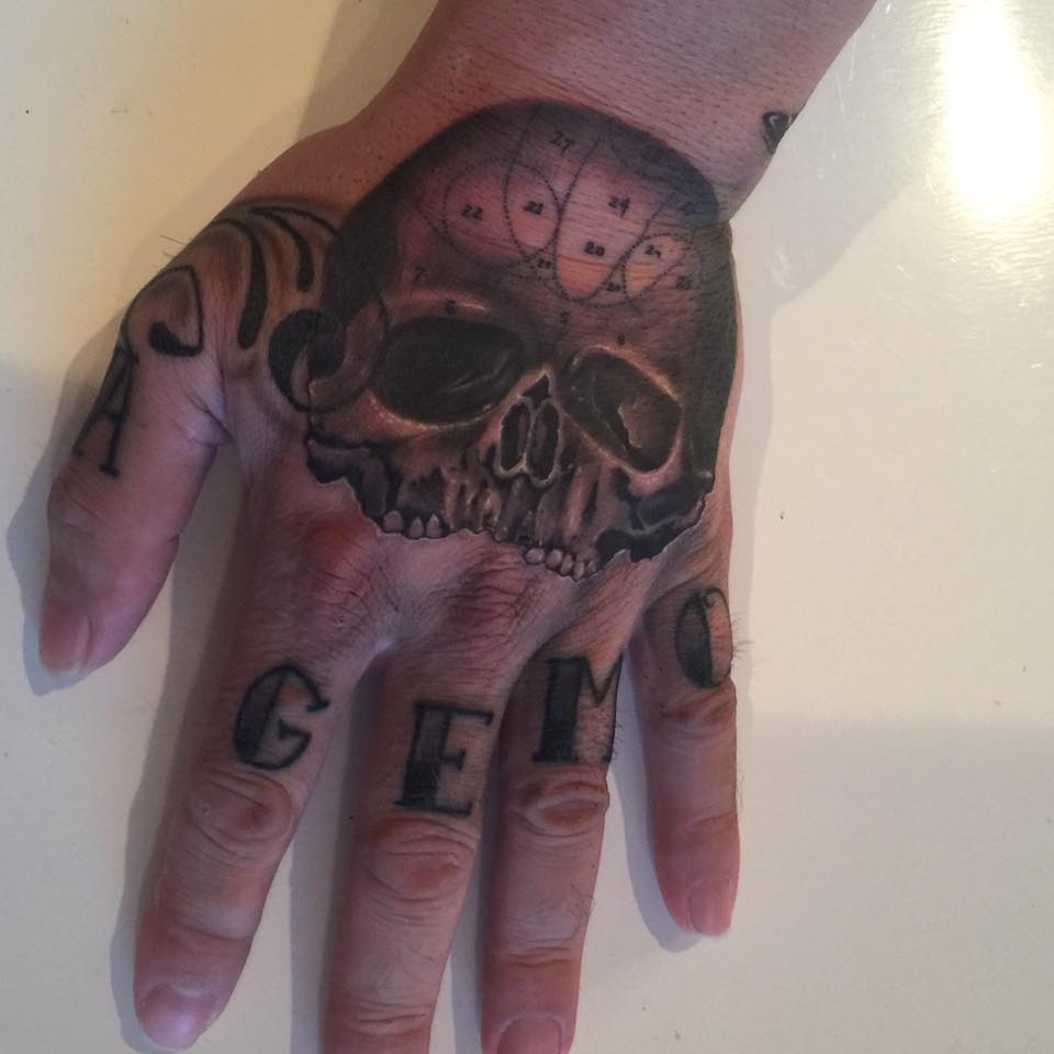Black And Grey Hand Skull Tattoo by Daniel James Walker