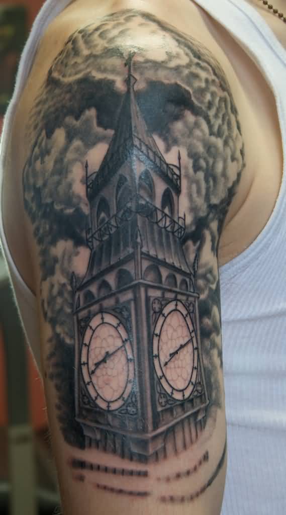 Black And Grey Ink Big Ben Tattoo On Right Half Sleeve