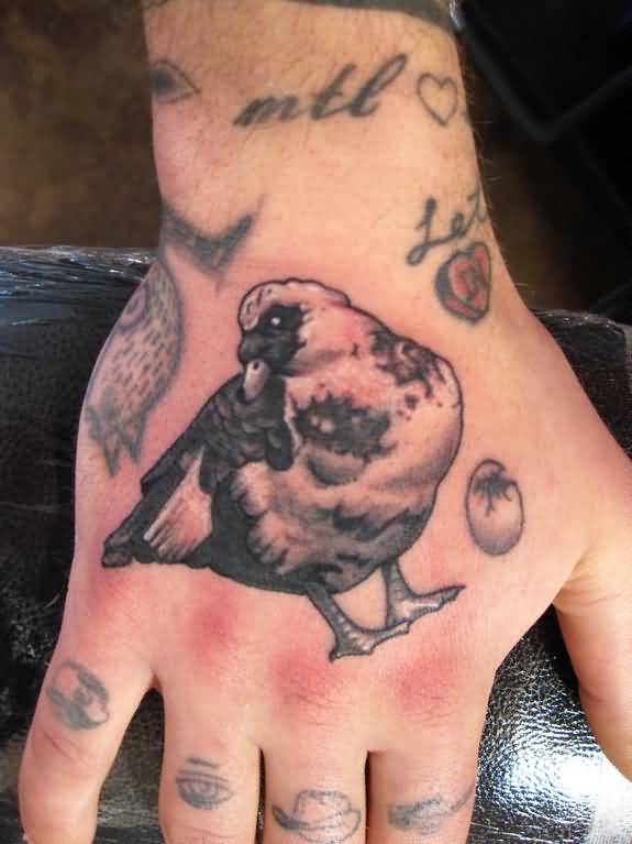 Black And White Duck Tattoo On Right Hand