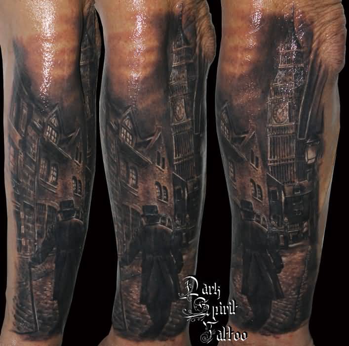 Black Ink Big Ben Tower Tattoo On Arm Sleeve