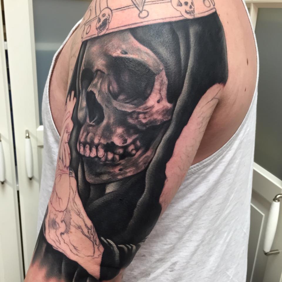 Black Scary Skull Tattoo On Half Sleeve by Liz Cook Tattoo
