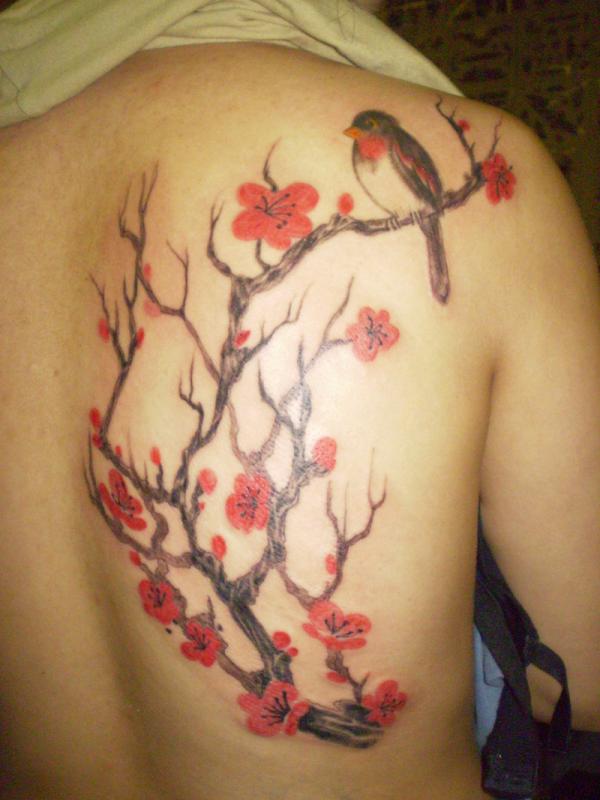 Blooming Flowers And Cardinal Tattoo On Right Back Shoulder